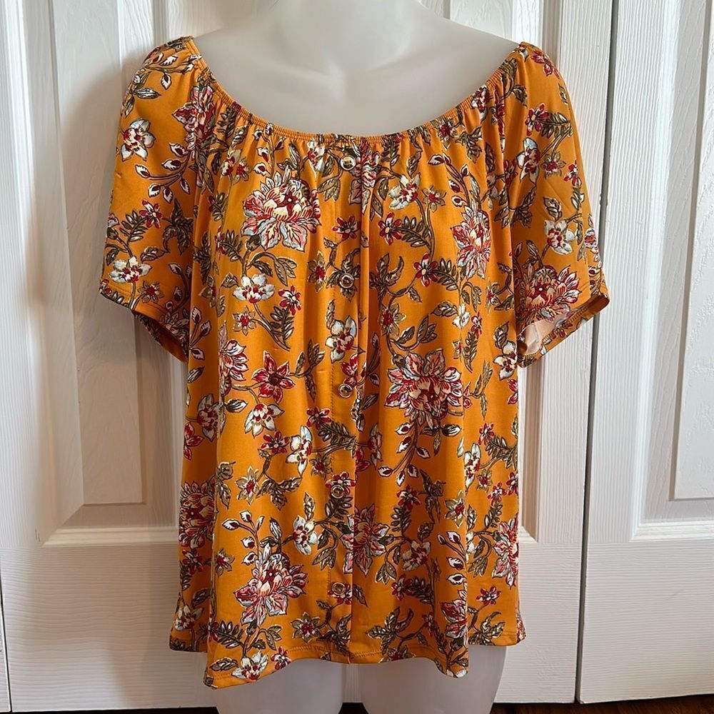 Floral Mustard Gold Yellow Modern Attraction Shirt Top Blouse Medium M NWT